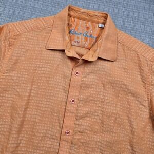 Robert Graham Shirt Mens Large Orange Linen Cotton Check Short Sleeve Casual